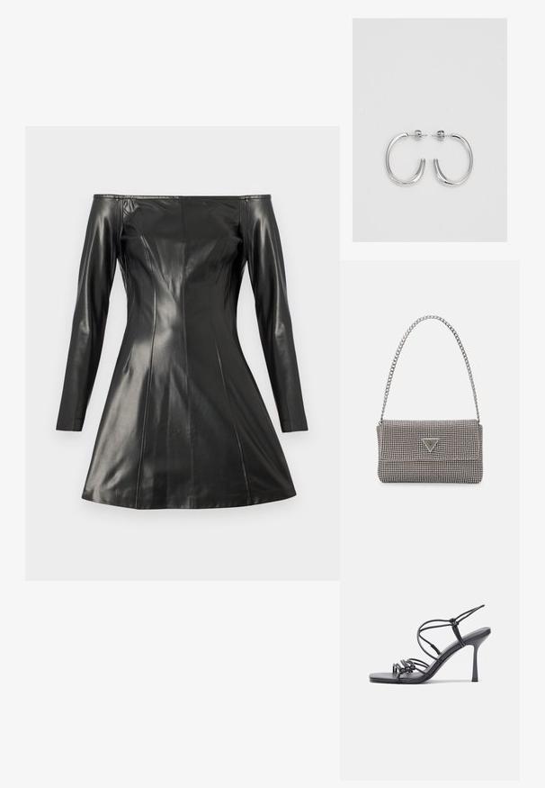 Melns off-the-shoulder kleita, kas izgatavota no gludas ādas. Ar garām piedurknēm, piegriezuma formu un izplestām svārkiem. Izteikti šuvju un tekstūras detalizējumi.; Melnas augstpapēžu sandales ar plāniem siksniņām un mezgla dizainu, gluda kvadrātveida purngalu un elegantu stiletto papēdi.; Gaiši pelēka metāla rokassoma ar ķēdes siksnu, rotāta ar mazām apaļām metāla kniedēm un trīsstūra zīmola logo.; Sudraba riņķveida auskari ar gludu, spīdīgu apdari. Apaļas formas, viegla dizaina, ar aizdari uz stieples.