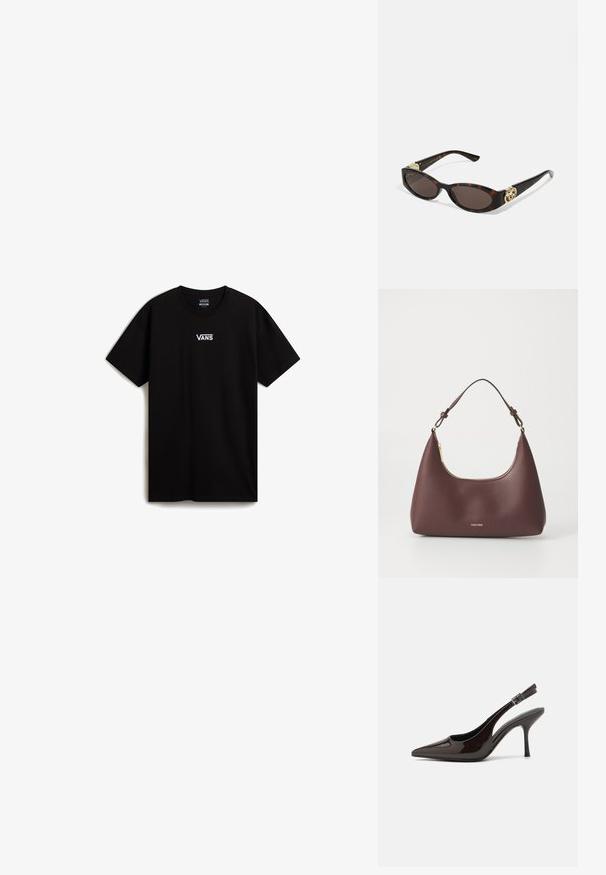 T-shirt en coton noir avec un col rond et des manches courtes. Logo blanc remarquable sur la poitrine, avec une coupe décontractée et une texture lisse.; Soulier à talons hauts type slingback en cuir verni marron foncé brillant, à bout pointu, côtés ouverts et bride de cheville réglable.; Lunettes de soleil en écaille, avec des verres ovales allongés, teinte marron, accents de logo doré sur les branches et montures noires élégantes.; Sac à main bordeaux avec une silhouette incurvée et une courte bandoulière, dotée d'une fermeture éclair dorée et d'un logo Calvin Klein discret à l'avant.