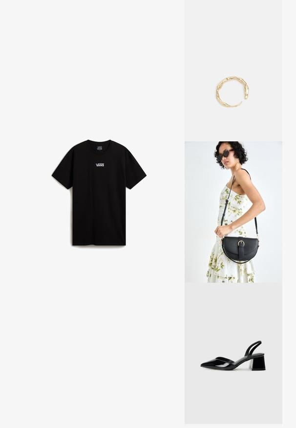 Black cotton t-shirt featuring a crew neckline and short sleeves. Notable white logo on the chest, with a relaxed fit and smooth texture.; Black patent leather slingback heels with a pointed toe and a geometric block heel. Features a sleek, minimal design and smooth texture.; Black leather handbag with a curved shape, detachable strap, and gold hardware. The bag features a flap with a buckle detail.; Gold-tone ring featuring an organic, twisted design with smooth texture and tapered ends, creating a modern, sculptural appearance.