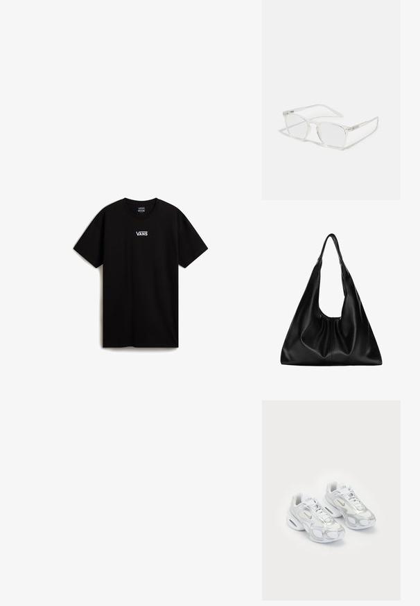 Zwarte katoenen t-shirt met een ronde hals en korte mouwen. Opvallend wit logo op de borst, met een relaxte pasvorm en een zachte textuur.; Witte sportieve schoenen met een bovenwerk van mesh en zilveren accenten, in een unieke vorm en met luchtkussen in de hiel. Gespannen ontwerp met logo.; CHPO ZEBBE UNISEX - Brillen met blauwlichtfilter - transperent; Zwarte leren hobo tas met een zachte, gebogen vorm. Heeft een brede bovenhandgreep en plooien aan de onderkant voor een slappe textuur.