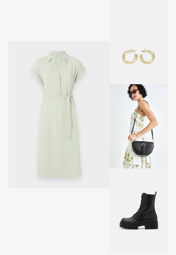 Svetlo zelena obleka s kratkimi rokavi, spredaj z gumbi, ovratnikom in ujemajočim se pasom; izdelana iz mehke, teksturirane tkanine.; Črne usnjene gležnjarje z debelim, rebrastim podplatom, vezanjem na sprednji strani in zanka za vlečenje na gladki beli podlagi.; Črna usnjena torbica s ukrivljeno obliko, z odstranljivo naramnico in zlatimi dodatki. Torbica ima pokrov s podrobnostmi v obliki zaponke.; Zlate uhane v obliki obročkov z gladko, sijočo površino. Krožna zasnova s majhnim nosilcem in prozornim podplatom za varno nošenje.