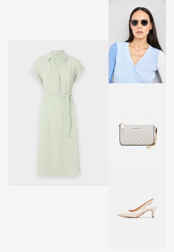 Ανοιχτό πράσινο φόρεμα με κοντό μανίκι, κουμπάκι μπροστά, γιακά και ταιριαστό ζωνάκι στη μέση; φτιαγμένο από μαλακό, υφασμάτινο ύφασμα.; Λευκή γόβα slingback με μυτερή μύτη, λείο υλικό επάνω, χαμηλό τετράγωνο τακούνι και σχέδιο με κοπή στο πλάι με ρυθμιζόμενο λουρί κουμπώματος.; Στρογγυλά γυαλιά ηλίου με σκούρους φακούς και χρυσά σκελετό. Το μοντέλο φοράει ένα ανοιχτό μπλε, ριχτό cardigan με κουμπιά και αντίθετους λευκούς μανίκες.; Πορτοφόλι Michael Kors σε μπεζ επεξεργασμένο καμβά με επαναλαμβανόμενο μοτίβο λογοτύπου MK, χρυσές λεπτομέρειες και αποσπώμενη αλυσίδα.