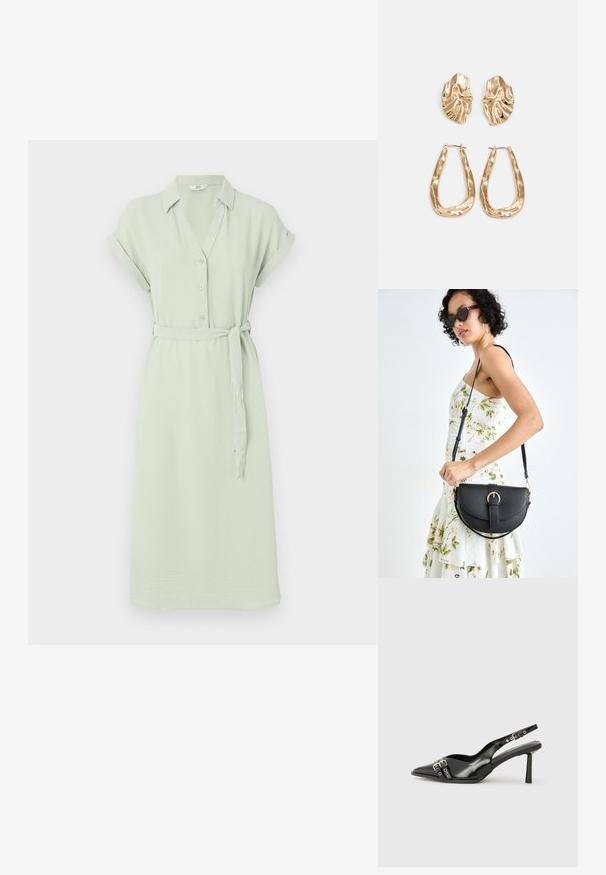 Vestido camiseiro verde-claro com mangas curtas, fecho de botões, colarinho e cinto a condizer; feito de um tecido suave e texturizado.; Sapato slingback preto em pele patentada com bico apontado, tiras no tornozelo apresentando fivelas e acessórios prateados, e um salto elegante.; Bolsa de couro preta com forma curva, alça destacável e detalhes em dourado. A bolsa possui uma aba com detalhe de fivela.; Brincos em tom de ouro com formas onduladas e texturizadas. Inclui studs escultóricos com presilha e um design de argola aberta com um acabamento martelado.