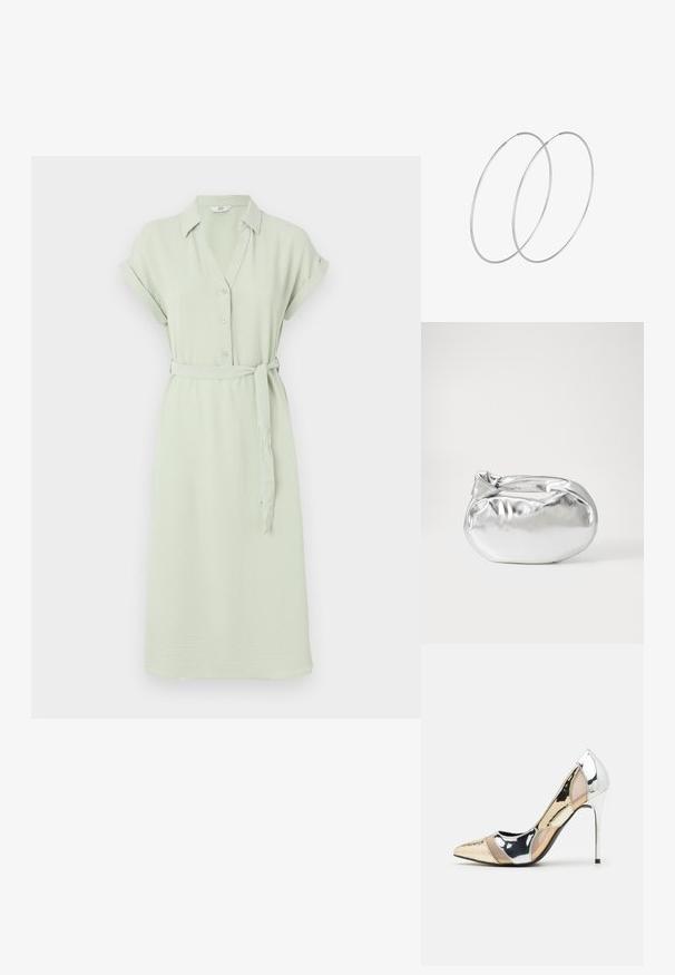 Šviesiai žalia marškinėlių suknelė su trumpomis rankovėmis, mygtukų uždarymu, color ir atitinkančia juosmens juosta; pagaminta iš minkštos, tekstūruotos medžiagos.; Aštrus pirštas aukštakulnis batelis su sidabro, aukso ir nuogų spalvų deriniu. Blizgus paviršius su išpjovos dizainu, su stiletto kulnu.; Sidabrinė metalinė maišelio forma su švelnia, apvalia forma ir mazgu užveriamu viršumi. Pagaminta iš lygios dirbtinės odos medžiagos.; Sidabrinės pusmėnulio auskarai minimalistiniu dizainu. Apskritimo forma, lygus paviršius ir plonas profilis. Lengvi su poliruotu apdailu.