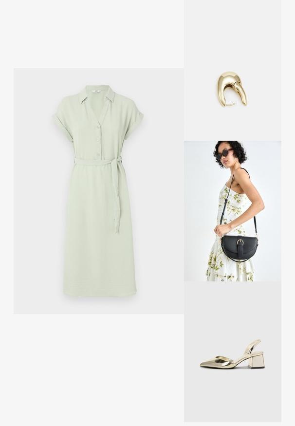 Világoszöld ingruha rövid ujjakkal, gombos elülső részel, gallérral és azonos színű derékpánttal; puha, texturált anyagból készült.; Arany, fémből készült slingback sarkú cipők hegyes orral és vastag sarokkal. Simaság, minimalista design és keskeny pánt jellemzi.; Fekete bőrtáska ívelt formával, levehető pánttal és arany színű fémrészekkel. A táskán egy csattal díszített fedél található.; Aranyszínű fém fülbevaló, elegáns, ívelt formával. Különleges hegyes alak, fényes felszín és zsanéros záródás jellemzi.