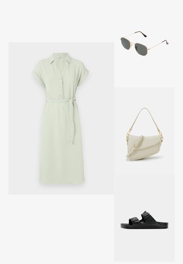 Gaiši zaļa krekldrēbē ar īsām piedurknēm, pogu priekšējo daļu, apkakli un atbilstošu jostas saišu; izgatavota no mīkstas, teksturētas auduma.; Melni gumijas čības ar divām regulējamām siksnām, teksturētu zoli un biezām reljefām zolēm, piedāvājot minimālistisku dizainu.; Zelta metāla rāmis saulesbrilles ar tumši zaļiem stikliem, aviator stils, ar šaurām kājām un bruņu akcentiem uz galiem.; Maza krēmkrāsas rokas soma ar teksturētu apdari, garu regulējamu siksniņu, ķēdes akcentu un vāciņa aizdari. Zelta aparatūras detaļas.