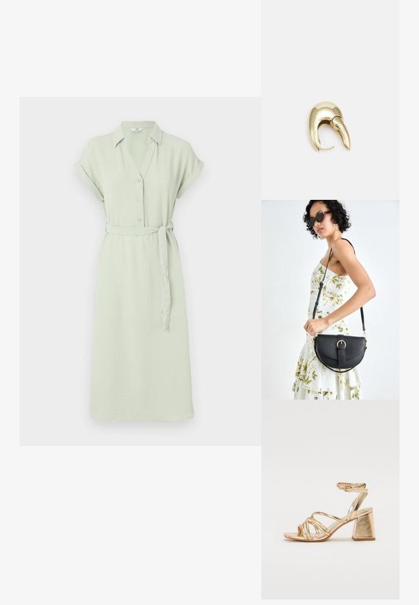 Világoszöld ingruha rövid ujjakkal, gombos elülső részel, gallérral és azonos színű derékpánttal; puha, texturált anyagból készült.; Arany fémes sarkú szandál, mely jellemzője a pántos dizájn, négyzet alakú blokk sarok és állítható bokaheveder csattal. Sima textúra.; Fekete bőrtáska ívelt formával, levehető pánttal és arany színű fémrészekkel. A táskán egy csattal díszített fedél található.; Aranyszínű fém fülbevaló, elegáns, ívelt formával. Különleges hegyes alak, fényes felszín és zsanéros záródás jellemzi.