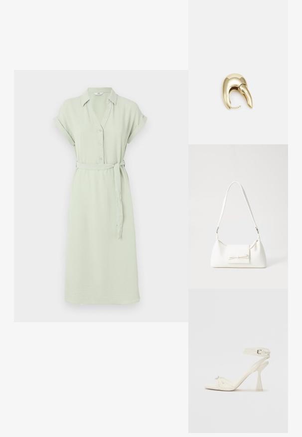 Svetlo zelena obleka s kratkimi rokavi, spredaj z gumbi, ovratnikom in ujemajočim se pasom; izdelana iz mehke, teksturirane tkanine.; Sandal z visoko peto z naramnicami v beli usnjeni izvedbi s popolnim dizajnom, prozorno blok peto in dekorativnim elementom na prstih.; Bela sintetična torbica v obliki trikotnika, z ravnim sprednjim poklopcem in detajlom mašne, nastavljivim trakom, gladko teksturo in minimalističnim dizajnom.; Uhane nakit iz zlatastega tona z gladko, ukrivljeno zasnovo. Ima edinstveno koničasto obliko, polirano površino in zaponko s tečajem.