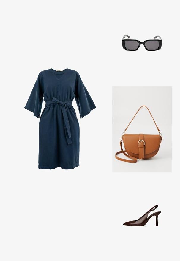 Navy sininen mekko V-pääntiöllä, leveillä hihoilla ja vyötärösidonnalla. Valmistettu pehmeästä kankaasta, jossa on rento istuvuus ja sivutaskut.; Kastanjan värinen nahkainen slingback-korkokenkä, jossa on terävä kärki ja ohut korko. Kengässä on pieni korostussolki vyössä ja kiiltävä pinta.; Mustat suorakulmaiset aurinkolasit tummilla linsseillä, sileä muovikehys ja kaarevat templet. Suunnittelu on jykevä ja minimalistinen.; Ruskean nahkainen olkalaukku, jossa on kaareva muoto, kultaiset yksityiskohdat ja solkiyksityiskohta. Varustettu irrotettavalla olkahihnalla.