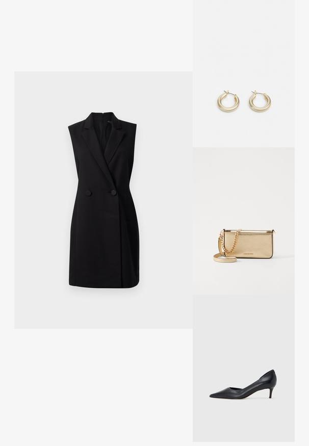 Vestido blaser preto sem mangas com um corte ajustado, fechamento de botão duplo e textura suave. Apresenta um fecho com zíper nas costas para facilitar o vestir.; Sapato de salto alto preto em pele com bico fino e salto baixo. Apresenta uma textura suave e brilho subtil. Corte aberto na parte da frente para um detalhe adicional.; Clutch de couro dourado metálico com um acabamento texturizado, apresentando uma alça de corrente dourada e uma alça de ombro removível. Logotipo da marca em relevo.; Lauren Ralph Lauren BASIC SMALL HOOP - Brincos - gold-coloured