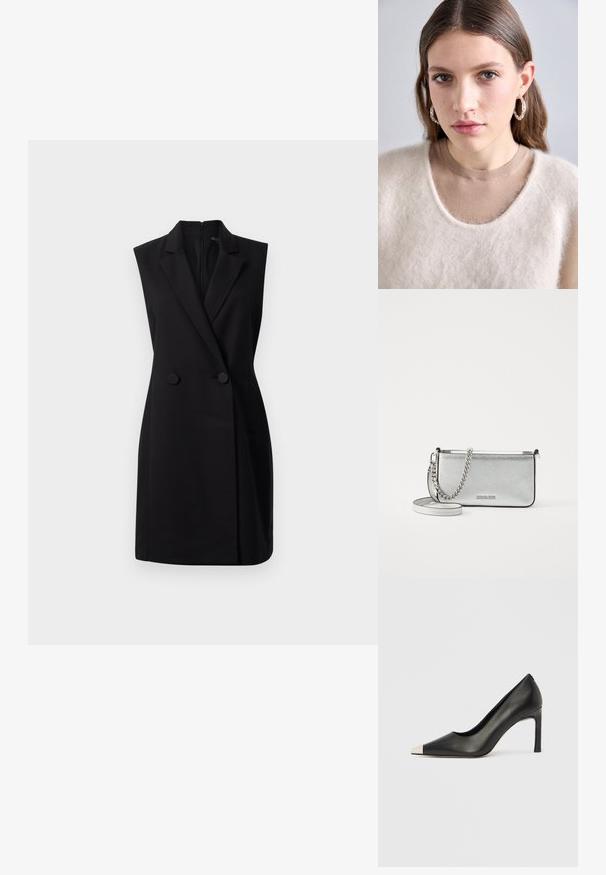 Melnas bez piedurknēm veidotas žaketes kleita ar pielāgotu piegājienu, dubulto pogu aizdari un gludu tekstūru. Iekļauj rāvējslēdzēja aizmuguri vieglai uzvilkšanai.; Melns ādas augstpapēžu kurpes ar smailu purngalu un metāliski sudraba uzgali. Ir gluda apdare un slaids 10 cm augsts papēdis.; Sudraba ādas krustnabas soma ar teksturētu apdari, ķēdes un siksnu akcentiem, kā arī rāvējslēdzēja aizdari. Priekšpusē ir logs.; Gai krēms krāsas adīts džemperis ar pūkainu tekstūru un plašu kakla izgriezumu, uzvilkts virs pieguļoša brūna krekla. Modelis nēsā sudraba auskari- gredzenus.