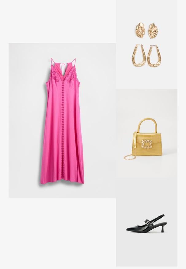 Rosa ermeløs kjole med V-hals, med blomsterbroderi og en midtstilt rad av løkker. Glatt stoff, lang, flytende silhuett.; Svarte patent lær slingback hæler med spiss tå og en liten blokkheel, med en sølvspenne som detalj på stroppen.; Gul faux-krokodille veske med en strukturert design, toppen håndtak, avtagbar kjede stropp, og dekorativ krystallbortsettelse på låsen.; Gullfargede øredobber med teksturerte, bølgete former. Inkluderer skulpturelle klipsstuds og åpen hoop-design med en hamret finish.