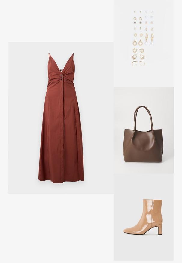 Rust-colored maxi dress with a deep V-neck, adjustable spaghetti straps, a ruched bodice, and button accents at the front. Smooth fabric.; Nude patent ankle boots with a pointed toe, a shiny finish, and a mid-height block heel. Smooth texture and sleek silhouette.; Brown leather tote bag with two long handles, structured shape, smooth texture, and minimalistic design. No visible hardware or accents.; Set of gold-tone earrings featuring various designs, including studs, hoops, and dangling pieces with pearls and rhinestones.
