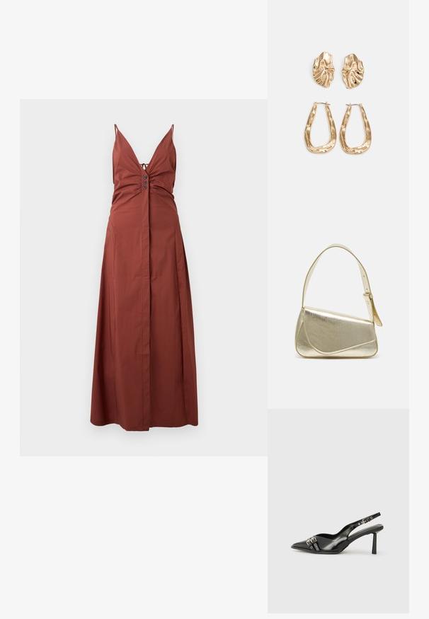 Maxime dressi, jonka väri on ruosteinen, jossa on syvä V-muotoinen kaula-aukko, säädettävät olkaimet, rypytetty yläosa ja nappikoristelu edessä. Luo sileä kangas.; Musta patenttinen nahkainen slingback-kengät, joissa on terävä nenä, nilkkahihnat hopeisilla soljilla ja varusteilla sekä hoikka korko.; Kultainen metallinen käsilaukku, jossa on jämäkkä muotoilu, sileä pinta ja säädettävä olkahihna. Sisältää ainutlaatuisen kolmiomaisen muodon ja minimalistisen tikkaustyylin.; Korukultainen korvakorut, joissa on teksturoituja, aaltoilevia muotoja. Mukana on veistokselliset klipsikorvakorut ja avoin rengasmalli, jossa on vasaroitu pinta.