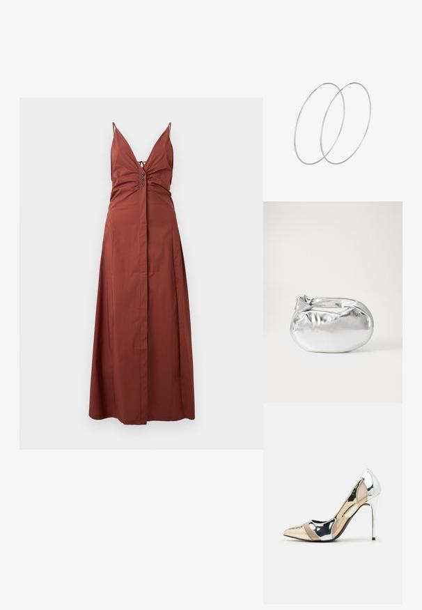 Rust-colored maxi dress with a deep V-neck, adjustable spaghetti straps, a ruched bodice, and button accents at the front. Smooth fabric.; Pointed-toe high heel shoe with a silver, gold, and nude color scheme. Glossy finish with cutout design, featuring a stiletto heel.; Silver metallic pouch bag with a soft, rounded shape and a knotted top closure. Made from smooth faux leather material.; Silver hoop earrings with a minimalist design. Circular shape, smooth texture, and thin profile. Lightweight with a polished finish.