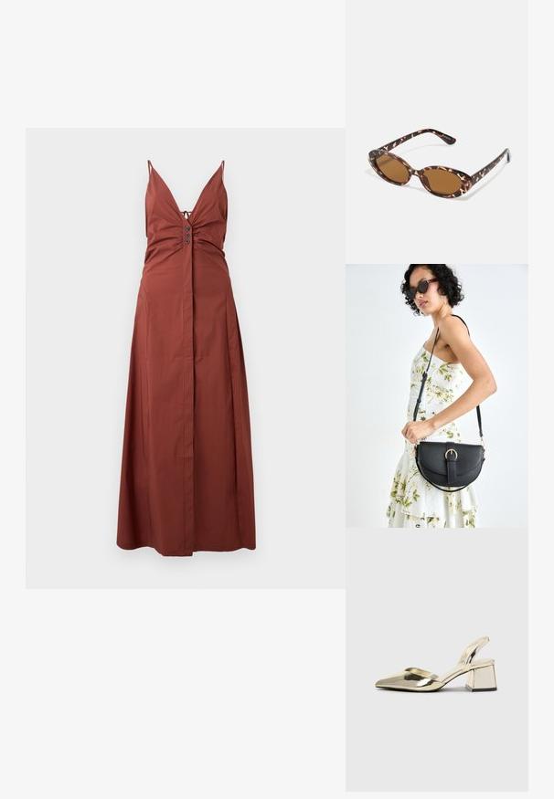 Rūsu krāsas maksi kleita ar dziļu V veida izgriezumu, regulējamiem spaghetti siksniņām, ručotu krūšu daļu un pogu akcentiem priekšpusē. Gluda auduma.; Zeltaini, metāla kurpes ar siksniņām, norakans purngalis un masīla papēdis. Gluda tekstūra, minimālisma dizains un šaura siksna.; Tortoiseshell saulesbrilles ar ovālu stiklu, brūnganiem toņiem, plāniem rokām ar faktūras rakstu, viegla plastmasas apmale.; Melnas ādas rokassoma ar izliekta formu, noņemamu siksnu un zelta aksesuāriem. Somai ir vāciņš ar sprādzes detaļu.