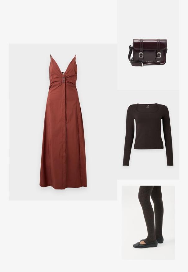 Rozsda színű maxi ruha mély V-kivágással, állítható pántokkal, ráncolt testtel és gombos díszítéssel az elején. Sima anyag.; Fekete, hosszú ujjú, elasztikus felső négyzet alakú dekoltázzsal, GAP felirattal, fehér háttér előtt bemutatva.; Fekete lapos cipők kis masni díszítéssel az orrán, sötétbarna bordázott harisnyával párosítva. A cipők sima textúrával és alacsony profilúak.; Burgundy lakkbőr keresztpántos táska téglalap alakú, két pánttal, ezüst színű szerelvényekkel és fedélzárral.