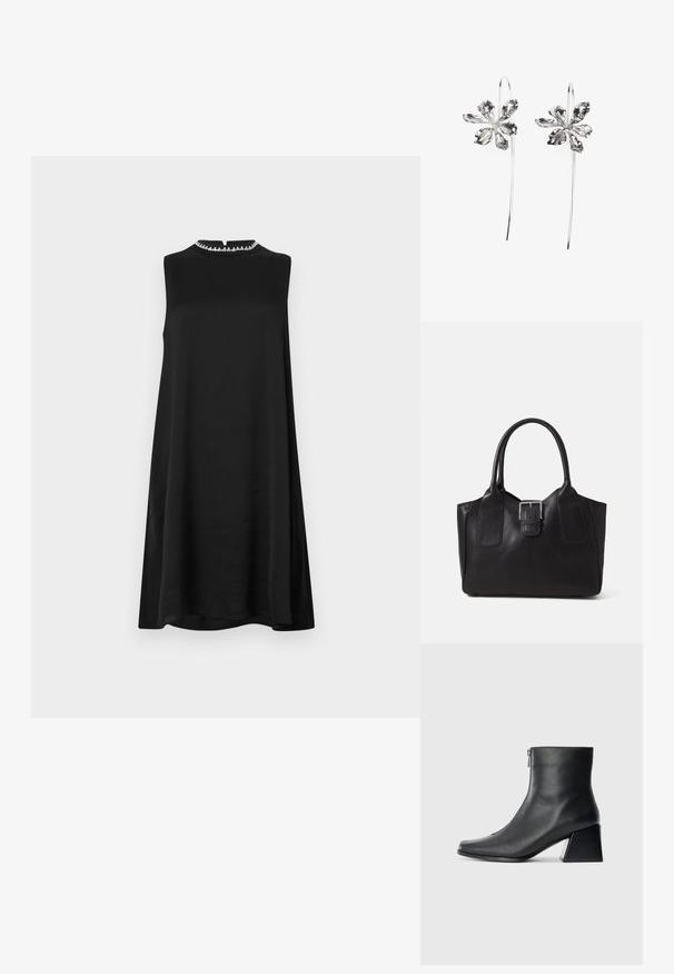 Melna bez piedurknēm kleita ar augstu apkakli, kurai ir smalka dekoratīvā apdare. Brīvs siluets, gluda tekstūra un ceļa garuma apakšmalu.; Melna ādas potītes zābaku ar kvadrātveida purngalu, sānu rāvējslēdzēju un bloku papēdi uz vienkārša gaismas fona.; Melnas ādas somiņa ar gludu tekstūru, strukturētu formu, divām rokturām un izteiktu sudraba sprādzi priekšpusē.; Sudraba zieda formas auskari ar teksturētu apdari, ar garām uzkarsējošām daļām un ziedlapiņām līdzīgām detaļām, veidojot sarežģītu dizainu.