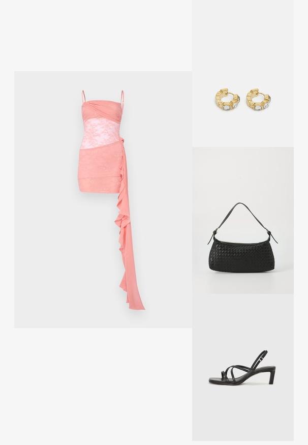 Růžové koktejlové šaty se přiléhavým korzetem se sklady, krajkovými akcenty, ramínky a draperií rufle na jedné straně.; Černé sandály na tenkém podpatku se čtveratou špičkou a nízkým blokovým podpatkem. Mají několik tenkých popruhů a nastavitelné zapínání okolo kotníku. Vyrobeny z hladké kůže.; Černá tkaná taška přes rameno s hladkým koženým popruhem a uzavíráním na zip. Dispozice obsahuje texturovaný povrch a zakřivený tvar.; Zlaté kruhové náušnice s texturovaným designem a třemi jasnými krystalovými akcenty na jedné straně, které nabízejí moderní geometrickou estetiku.