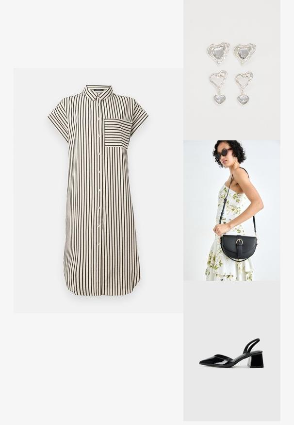 Rochie camasa cu guler, maneci scurte, dungi verticale alb-negru, închidere prin nasturi pe toată lungimea, și un buzunar pe piept. Textură de stofă moale.; Pantofi cu toc slingback din piele lacuită neagră, cu vârf ascuțit și toc geometric. Prezintă un design elegant, minimalist și o textură netedă.; Geantă din piele neagră, cu o formă curbată, curea detașabilă și accesorii aurii. Geanta are un capac cu un detaliu tip cataramă.; Cerceii în formă de inimă argintie sunt decorați cu pietre clare fațetate, având un cadru texturat. Setul include stiluri cu buton și cu pandantiv.