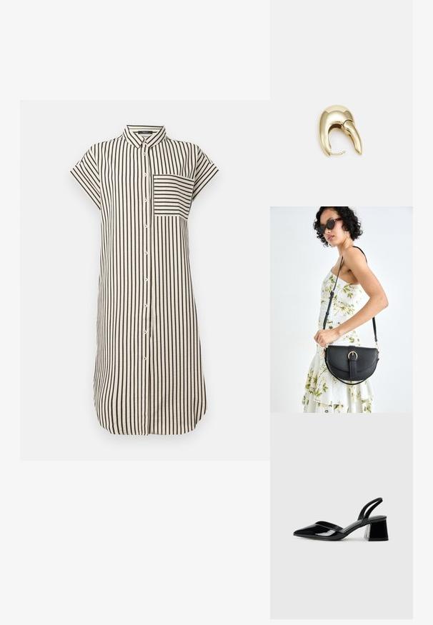 Košeľové šaty s golierom, krátkymi rukávmi, čierno-bielymi vertikálnymi pruhmi, plným zapínaním na gombíky a vreckom na hrudi. Mäkká textúra látky.; Čierne lakované kožené sandálové podpätky s špicatou špičkou a geometrickým blokovým podpätkom. Disponujú elegantným, minimalistickým dizajnom a hladkým povrchom.; Čierna kožená kabelka s zaobleným tvarom, odnímateľným popruhom a zlatými doplnkami. Kabelka má klopu s detailom s prackou.; Náušnice z kovu v zlatej farbe s elegantným, zakriveným dizajnom. Majú charakteristický špicatý tvar, leštený povrch a uzáver na pánt.