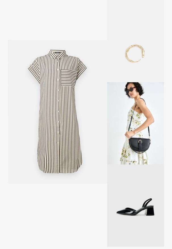 Abito camicia con colletto, maniche corte, righe verticali bianche e nere, chiusura a bottoni completa e taschino sul petto. Tessuto morbido.; Décolleté in vernice nera con punta affusolata e tacco in geometria cubica. Presentano un design elegante e minimalista, con una texture liscia.; Borsa a tracolla nera in pelle con una forma curva, manico rimovibile e accessori dorati. La borsa presenta una patta con un dettaglio a fibbia.; Anello in tono oro con un design organico e Twisted, caratterizzato da una superficie liscia e punte affusolate, che crea un aspetto moderno e scultoreo.