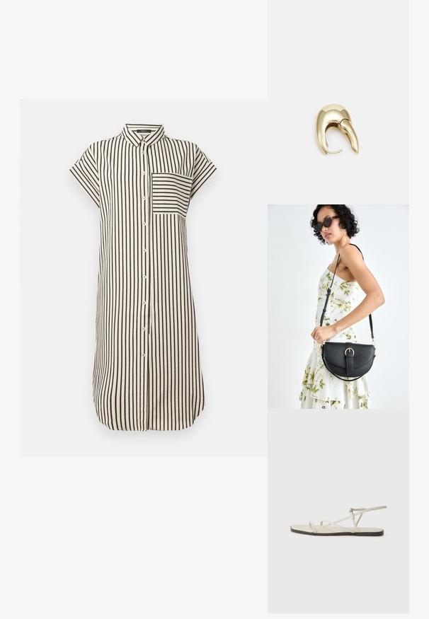 Sukienka koszulowa z kołnierzykiem, krótkimi rękawami, czarno-białe pionowe paski, pełne zapięcie na guziki oraz kieszeń na piersi. Miękka faktura materiału.; Beżowe płaskie sandały z wieloma cienkimi paskami i regulowanym zapięciem. Podeszwa jest płaska z delikatnym ciemnym kontrastem na krawędzi.; Czarna skórzana torebka o zakrzywionym kształcie, z odpinanym paskiem i złotymi akcentami. Torebka posiada klapę z zapięciem w kształcie klamry.; Złote metalowe kolczyki o eleganckim, zakrzywionym kształcie. Posiadają charakterystyczny szpiczasty kształt, polerowaną powierzchnię oraz zapięcie na zawias.