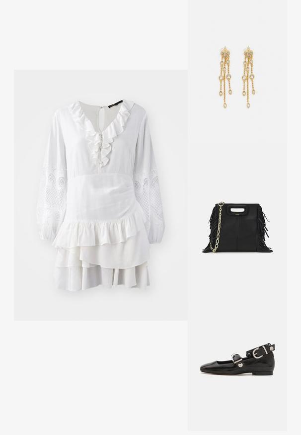 Valge kleit volangiga äärega, pikad õhkrinnaga varrukad, millel on tikitud detailid, ja kihiline ääreosa. Valmistatud kerge kangast.; Must musta nahkkinga lamead kontsad, ruudukujulise varbaga, pahkluu rihmaga, mis sisaldab hõbedast taakleid, ning lame tald. Siledat pinda ja minimalistlikku disaini.; Musta nahk käekott, millel on frantsiisid, kuldne ahelsanga ja lõigatud käepide. Esiosas on logot.; Kuldne tooni kõrvarõngad mitme voolava ahelaga, millel on selged ovaalsed rhinestone aktsendid ja dekoratiivsed stud-tippud.