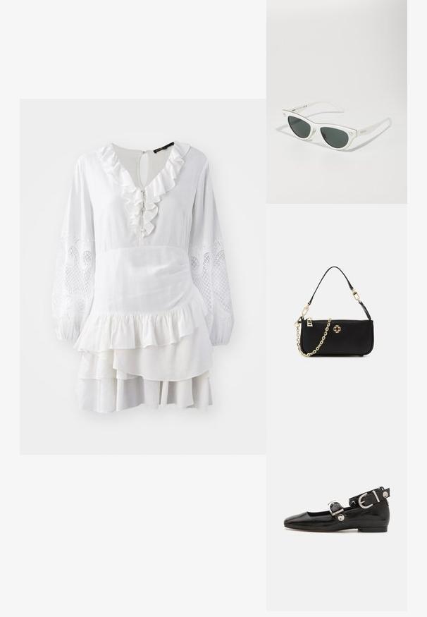 Fehér ruha fodros szegéllyel, hosszú ballon ujjakkal, melyek hímzett díszítést tartalmaznak, és réteges aljjal. Könnyű anyagból készült.; Fekete lakkbőr lapos cipő négyzet alakú orral, ezüst hardware-rel ellátott bokapánttal és lapos talppal. Simaságával és minimalista dizájnjával kiemelkedő.; Fehér macska-szem napszemüveg sötét lencsékkel, arany részletekkel a kereten és logós díszítéssel az oldalán. Sima műanyag anyag.; Fekete kézitáska sima felülettel, arany láncos vállpánttal, cipzáras záródással és díszes arany emblémával az elején.