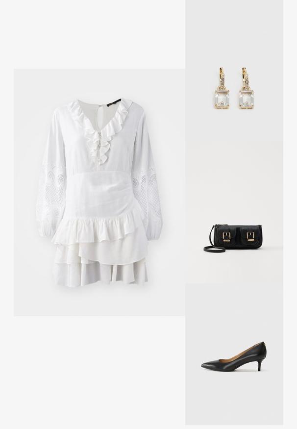 Hvid kjole med flæsedetaljer, lange ballonærmer med broderede udsmykninger og lagdelt kant. Fremstillet i letvægtsstof.; Sorte læderpumper med spids tå, lav hæl og en glat tekstur. Har en let åbning foran og minimal hardware bagpå.; Sort læder crossbody taske med to frontlommer, guldspænder, lynlåslukning og en slank rem. Struktureret overflade og kompakt rektangulær form.; Guldtonede øreringe med et rektangulært, klart krystal, der hænger under en række af små, runde klare accenter. Elegant, moderne design.