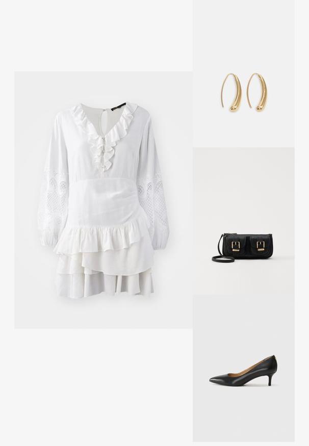 White dress with ruffled trim, long balloon sleeves featuring embroidered accents, and layered hem. Made from lightweight fabric.; Black leather pump with a pointed toe, low heel, and a smooth texture. Features a slight opening at the front and minimal hardware at the back.; Black leather crossbody bag with two front pockets, gold buckles, zipper closure, and a slim strap. Textured surface and compact rectangular shape.; Gold-tone metal hoop earrings with a curved, elongated shape. Features a smooth, shiny surface and a rounded tip for added detail.