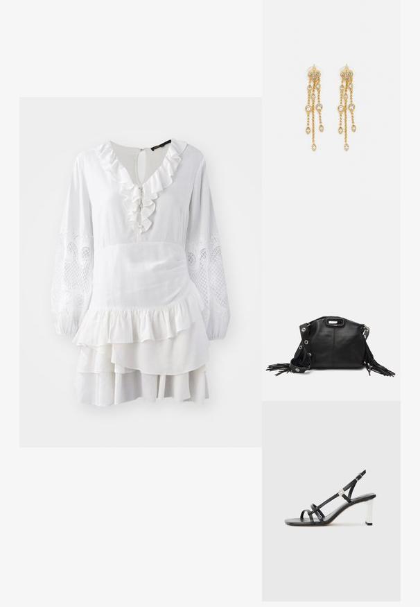 Hvid kjole med flæsedetaljer, lange ballonærmer med broderede udsmykninger og lagdelt kant. Fremstillet i letvægtsstof.; Sorte hælede sandaler med flere smalle remme, et slingback-design og en sølvaccent på hælen. Glat overflademateriale og firkantet hæl.; Maje MISS MINI - Skuldertasker - noir; Guldtonede øreringe med flere kaskadende kæder, der har klare ovale rhinestein-accenter og dekorative studtoppe.