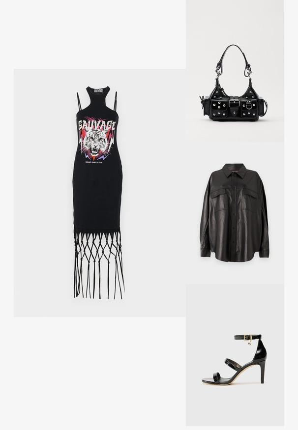Črna brezrokavna obleka z visokim ovratnikom, ki ima grafiko tigra, živahne barve in razporko z večdedljo in pletenimi detajli.; Črna usnjena srajca z gumbnim zapiranjem spredaj, s koničastim ovratnikom in dvema prsnih žepoma. Ima ohlapen kroj in gladko teksturo.; Črne lakirane sandale s tremi trakovi, zaponko okoli gležnja in 10-centimetrsko stiletto peto. Imajo detajle iz zlatega kovanja in logotipni čar.; Črna usnjena torbica s ukrivljenim dizajnom, ki vsebuje srebrne žebljičke, zaponko in dve stranski žepki. Nastavljiv trak za različne možnosti nošenja.