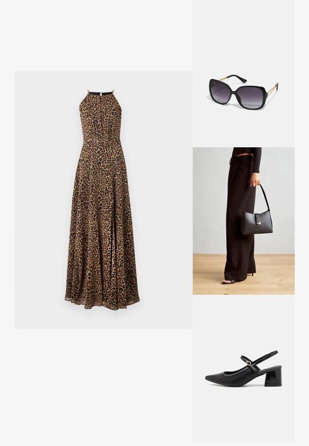 Maxikleid mit Leopardenmuster, tailliertem Oberteil, Halsband und goldenen Akzenten. Hergestellt aus einem glatten, fließenden Stoff mit einem Schlitz.; Schwarze Lackleder-Slingback-Absätze mit spitzer Zehenform, einem runden Ausschnitt-Design und einem Blockabsatz. Mit einem goldfarbenen Schnallenakzent.; Schwarze übergroße Sonnenbrille mit getönten Gläsern, dicken Rahmen und goldfarbener Kettendetaillierung an den Bügeln.; Schwarze Handtasche mit strukturierter Form, glatter Textur und einem metallischen Verschluss. Kombiniert mit weiten schwarzen Hosen und offenen Sandalen auf einem Holzboden.