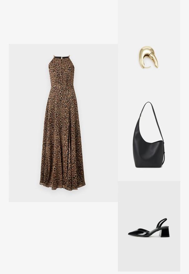 Vestido largo de estampado de leopardo con un cuerpo ajustado, cuello halter y acentos dorados. Está hecho de una tela suave y fluida con una abertura.; Zapatos de tacón slingback de charol negro con punta afilada y tacón geométrico en bloque. Presentan un diseño elegante y minimalista, así como una textura suave.; Bolso tipo hobo de cuero negro con una textura suave, forma curvada y una sola correa ajustable; presenta una amplia apertura en la parte superior.; Pendiente de metal en tono dorado con un diseño elegante y curvado. Presenta una forma puntiaguda distintiva, superficie pulida y cierre de bisagra.