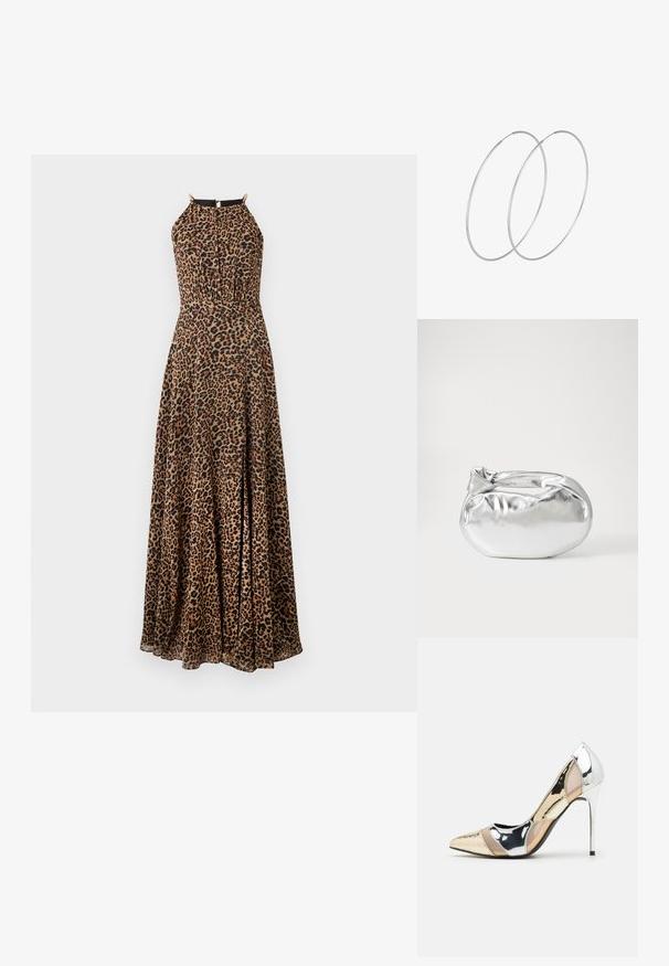 Maxi šaty s leopardím vzorom, priliehavým korzetom, zaväzovaním za krkom a zlatými akcentmi. Vyrobené z hladkej, splývavej látky s rozparkom.; Lodičky s špičatou špičkou v striebornom, zlatom a telovom farebnom prevedení. Lesklý povrch s výrezovým dizajnom, s ihlovým opätkom.; Strieborná metalická taška s mäkkým, zaobleným tvarom a uzáverom s uzlíkom. Vyrobená z hladkej syntetickej kože.; Strieborné kruhové náušnice s minimalistickým dizajnom. Cirkulárny tvar, hladký povrch a tenký profil. Ľahké s lesklým povrchom.