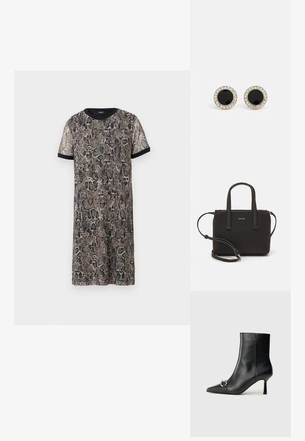 Korte mouw jurk gemaakt van stof met een slangenhuidpatroon in bruin- en zwarttinten, met een zwarte ronde halslijn en afwerkingen bij de mouwen.; Zwarte leren enkelboot met spitse neus, slanke middenhoge hak en zilveren gespdetail aan de zijkant op een effen achtergrond.; Zwarte handtas met dubbele korte handvatten en een afneembare schouderriem. Glad, leerachtig materiaal met een ritssluiting en logo-detail.; DKNY INLAY STUD - Oorbellen - black/gold-coloured