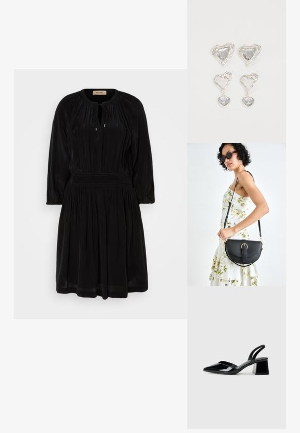 Vestido preto feito de tecido suave, com gola redonda, fecho em laço, mangas longas e saia plissada. Apresenta uma cintura elástica.; Sandy em verniz preto com salto slingback, ponta afilada e salto geométrico. Apresenta um design elegante e minimalista com textura suave.; Bolsa de couro preta com forma curva, alça destacável e detalhes em dourado. A bolsa possui uma aba com detalhe de fivela.; Os brincos em forma de coração prateados apresentam pedras claras facetadas, com uma moldura texturizada. O conjunto inclui estilos de botão e de gota.