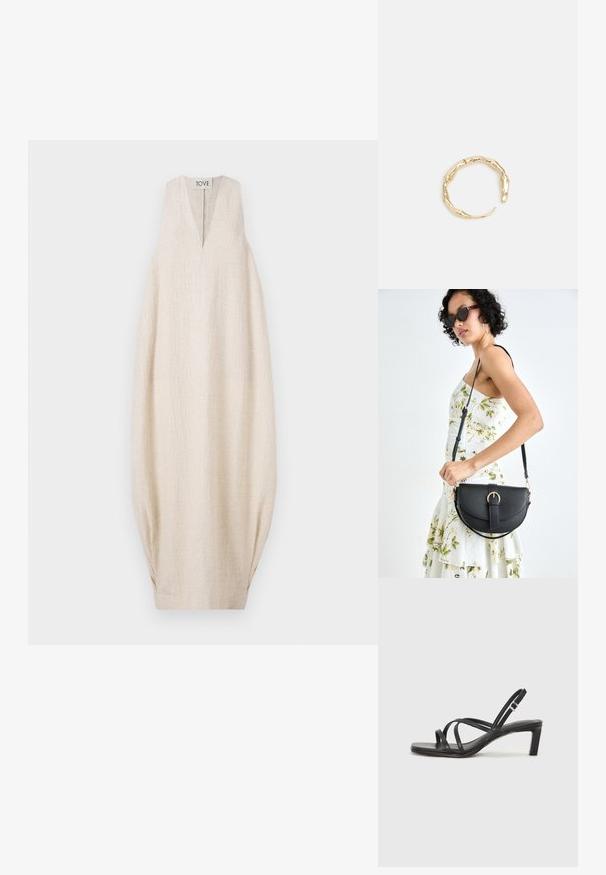 Svetlo béžové šaty bez rukávov s výstrihom do V, textúrovaná tkanina a voľný strih, s nariasenými detailmi po stranách. Značka na vrchu.; Čierne sandále na vysokom podpätku so štvorcovou špičkou a nízkym blokovým podpätkom. Obsahujú viacero tenkých popruhov a nastaviteľný členkový popruh. Vyrobené z hladkej kože.; Čierna kožená kabelka s zaobleným tvarom, odnímateľným popruhom a zlatými doplnkami. Kabelka má klopu s detailom s prackou.; Prsteň v zlatej farbe s organickým, skrúteným dizajnom, hladkým povrchom a zužujúcimi sa koncami, vytvárajúci moderný, sochársky vzhľad.