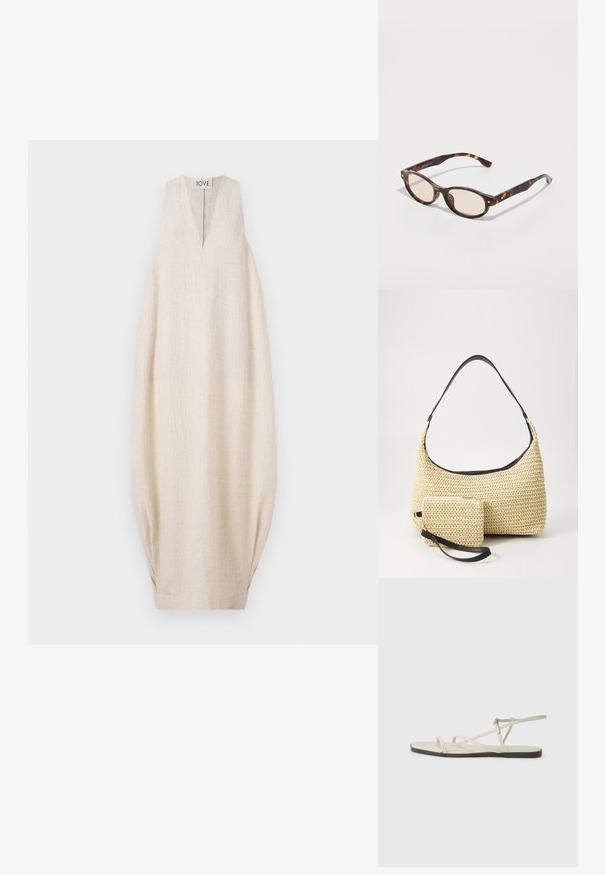 Jasno beżowa sukienka bez rękawów z dekoltem w kształcie litery V, o teksturowanym materiale i oversize'owym kroju, z marszczeniami po bokach. Metka marki na górze.; Beżowe płaskie sandały z wieloma cienkimi paskami i regulowanym zapięciem. Podeszwa jest płaska z delikatnym ciemnym kontrastem na krawędzi.; Okulary przeciwsłoneczne w kolorze tortoiseshell o okrągłym kształcie i jasnych soczewkach. Posiadają mocne zauszniki z małymi złotymi akcentami, wykonane z materiału plastikowego.; Woven straw handbag o zaokrąglonym kształcie, z gładkim czarnym skórzanym paskiem oraz dopasowaną małą sakiewką przypiętą na pasku na nadgarstek.; Błyszczący beżowy bransoletka wykonana z gładkiej żywicy. Zaokrąglony kształt o jednolitej powierzchni i małe złote logo wewnątrz.
