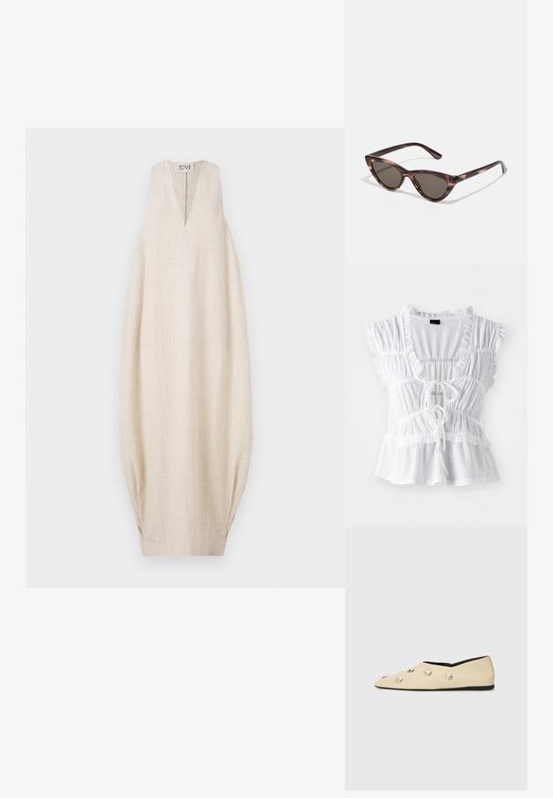 Világos bézs ujjatlan ruha V nyakkivágással, texturált anyagból, oversized fazonban, oldalt redőzött részletekkel. Márkacímke a tetején.; Fehér blúz, fodros rövid ujjal, texturált anyagból, mély V-nyakkal, megkötős elülső résszel és tiered fodros részletekkel az alján.; CLOSED Balerina cipők - ecru; Cica szemüveg sötét lencsékkel és teknőcpáncél mintával. Könnyű műanyagból készült, karcsú szárakkal és logó részlettel rendelkezik.; Szövet táska olívazöld színben, tágas, kerek formával és egy hosszú fogantyúval a könnyű hordozás érdekében. Texturált felület.