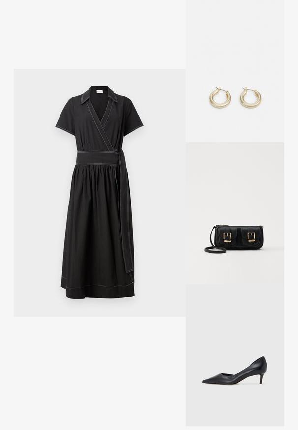 Sort omslagskjole med korte ærmer, krave og bred taljeelastik. Har kontrasterende hvid syning og en samlet nederdel.; Sort læderpumpe med spids tå og lav hæl. Har en glat tekstur og subtil glans. Åben udskæring foran for ekstra detalje.; Sort læder crossbody taske med to frontlommer, guldspænder, lynlåslukning og en slank rem. Struktureret overflade og kompakt rektangulær form.; Lauren Ralph Lauren BASIC SMALL HOOP - Øreringe - gold-coloured
