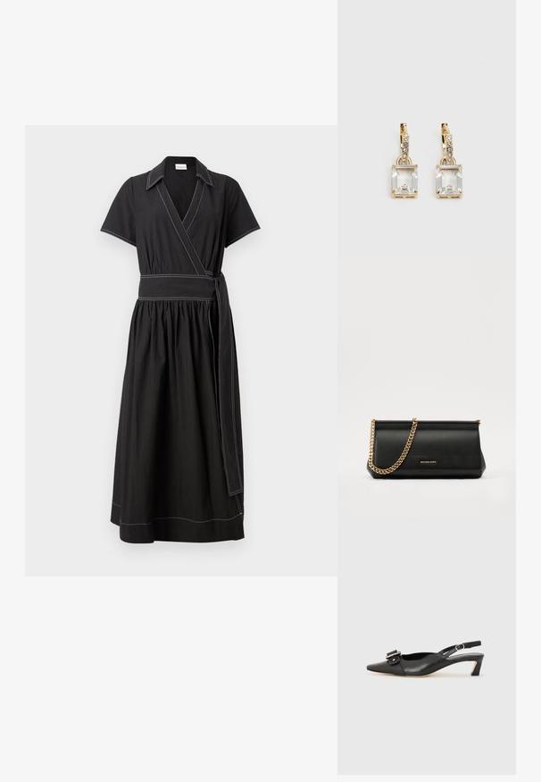 Czarna sukienka o kroju w kopertę z krótkimi rękawami, kołnierzykiem i szerokim paskiem w talii. Posiada kontrastowe białe wyszycie oraz marszczony dół.; Czarne skórzane buty typu slingback z ostrym noskiem, małym obcasem i ozdobnym zapięciem na górze. Gładka faktura, minimalistyczny design.; Czarna skórzana kopertówka z złotym łańcuszkiem, charakteryzująca się gładką fakturą, prostokątnym kształtem i wytłoczonym logo z przodu.; Złote kolczyki z prostokątnym, przezroczystym kryształem zwisającym poniżej rzędu małych, okrągłych, przezroczystych akcentów. Elegancki, nowoczesny design.