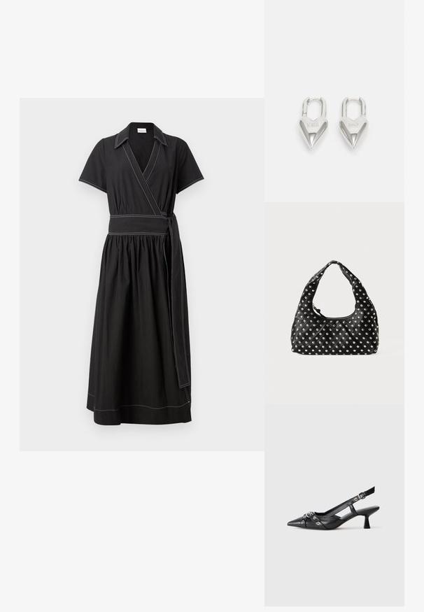 Črna obleka z zavihkom in kratkimi rokavi, ovratnikom ter širokim pasom. Ponuja kontrastne bele šive in guban krilo.; Črne usnjene sandale središnje zaponke z ostro konico, okrasnimi trakovi z kovinskimi očesi in nizko blokasto peto. Teksturirana površina.; Črna usnjena torbica s ukrivljenim ročajem, ki vsebuje vzorec kovinskih studenk enakomerno razporejenih po površini. Zadrga za zapiranje.; Srebrni ključavnice v obliki srca z vgraviranima besedama "DA" in "NE", s poliranim zaključkom, simetričnim dizajnom in robustnim kovinskim nosilcem.