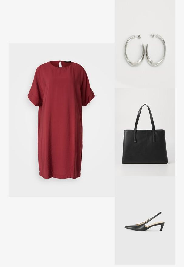 Rdeča obleka do kolen s kratkimi rokavi, okroglo izrezom in majhnim odprtjem na hrbtu. Narejena iz gladkega, lahkega materiala.; Črne čevlje s koničastimi nosovi in slingback obliko z nizko peto, izdelane iz gladke usnjene materiale ter s črtasto zasnovo na strani za prezračevanje.; Črna usnjena torba s two dolgimi ročaji, pravokotne oblike, teksturirane površine in minimalističnega dizajna. Brez vidne strojne opreme ali dodatkov.; Srebrni uhani v obliki obroča z gladkim, ukrivljenim oblikovanjem. Imajo sijajno kovinsko površino in zapiranje na žebljiček. Brez vidnih vzorcev ali dodatkov.