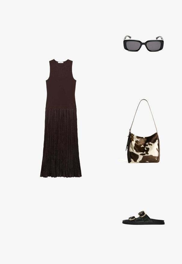 Ærmeløs brun kjole med en tætsiddende top og en plisseret, tekstureret nederdel. Stoffet fremstår blødt med en subtil glans.; Sort skridsandal med to guldspænder, glat tekstureret materiale, flad sål og et minimalistisk design.; Sorte rektangulære solbriller med mørke linser, glat plastikramme og buede stænger. Designet er klodset med en minimalistisk æstetik.; Brun og creme farvet koe læder skuldertaske med en glat læderrem, lynlås lukning og en blød, tekstureret overflade med et naturligt mønster.