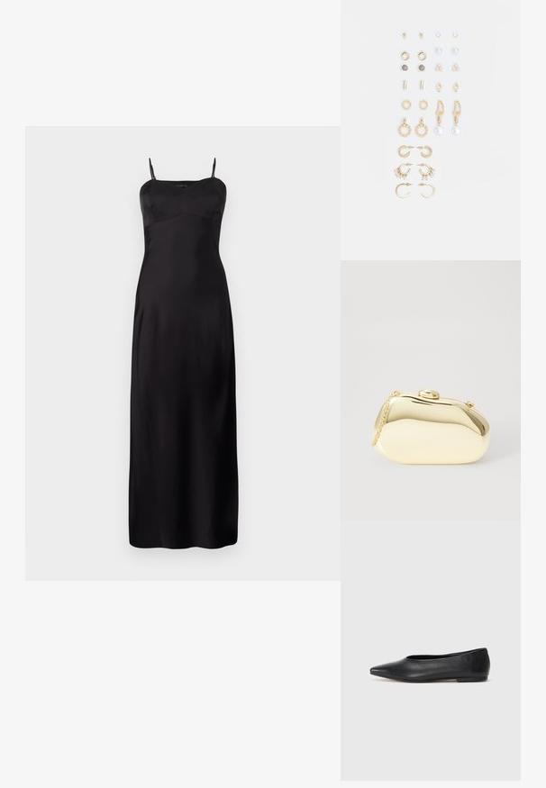 Fekete selyem szatén hálóruha spagetti pántokkal, illeszkedő felsőrésszel, A-vonalú sziluettel és padlóhosszal. Simább textúra.; Fekete bőr balettcipő, hegyes orral, minimalista dizájn, sima textúra, alacsony sarkú, látható fémrész vagy díszítés nélkül.; Fémes arany színű kistáska sima, lekerekített formával, tetején gombos záródással és kis láncfogóval a hordozáshoz.; Arany tónusú fülbevalók szettje, amely különféle mintákat tartalmaz, beleértve a stift fülbevalókat, karikákat és gyöngyökkel és strasszokkal díszített hosszú fülbevalókat.