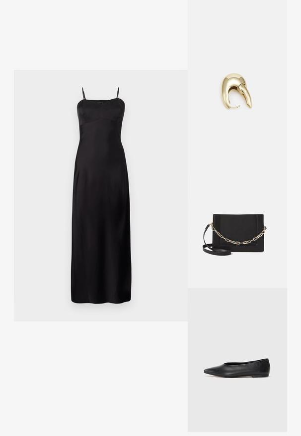 Svart satenglans kjole med spaghetti-stropper, med en tettsittende bodice, A-linje silhuett og gulvlengde design. Glatt tekstur.; Sorte lærballerina med spiss tå, minimalistisk design, glatt tekstur, lav hæl uten synlig metall eller dekorasjoner.; Svart lær crossbody-veske med glatt tekstur, rektangulær form og metallkjede detaljer på framsiden. Justerbar stroppe inkludert.; Gullfarget metalløredobber med et elegant, buet design. Har en karakteristisk spiss form, polert overflate og hengsel-lukking.