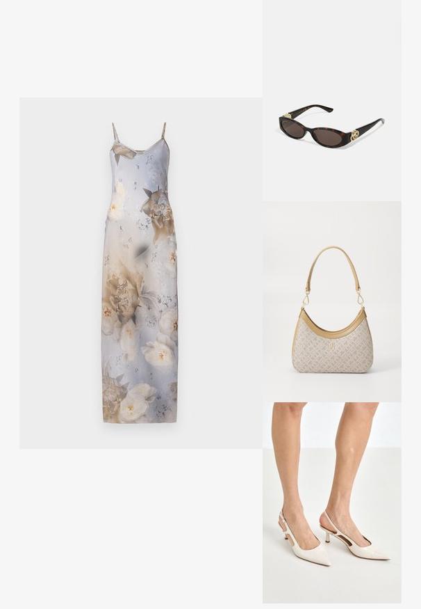 Blumengemustertes Midikleid mit dünnen Trägern, das einen Farbverlauf in hellblau und beige aufweist, mit großen weißen und goldenen Blütenmustern.; Beige Lackleder Slingback-Absätze mit spitzem Fuß und 5 cm Absatz, mit ausgeschnittenen Seiten und einem schmalen Knöchelriemen.; Schildpatt-Sonnenbrille mit länglich-ovalen Gläsern, braunem Farbton, goldenen Logo-Akzenten an den Bügeln und schlanken schwarzen Bügeln.; Beige gemusterte Handtasche mit geschwungener Form, Lederakzenten und einem goldfarbenen Logo auf der Vorderseite. Verfügt über einen kurzen Griff für einfaches Tragen.; Perlen- und Kristallhalskette mit einem runden, perlenbesetzten Design in sanften Farbtönen, das abwechselnd Perlen und funkelnde Akzente zeigt, um den Hals getragen.