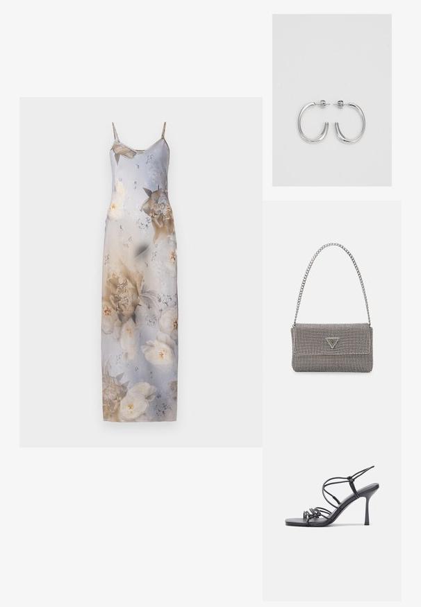 Midi-mekko, jossa on kukkakuosi ja ohuet olkaimet. Mekossa on vaaleansininen ja beige liukuväri taustalla, ja siinä on suuria valkoisia ja kullanvärisiä kukkasuunnitelmia.; Mustat korkokengät sandaalit, joissa on ohuet hihnat solmittuna, sileä neliön muotoinen varvasosa ja tyylikäs stiletto-korko.; Vaalea harmaa metallinen käsilaukku, jossa on ketjusanka. Laukku on koristeltu pienillä pyöreillä metallikoruilla ja kolmion muotoisella brändilogolla.; Hopehopeet hopehopeet hopehopeet hopehopeet, jolla on sileä, kiiltävä pinta. Pyöreä muoto, kevyt rakenne, jossa on neulakiinnitys.